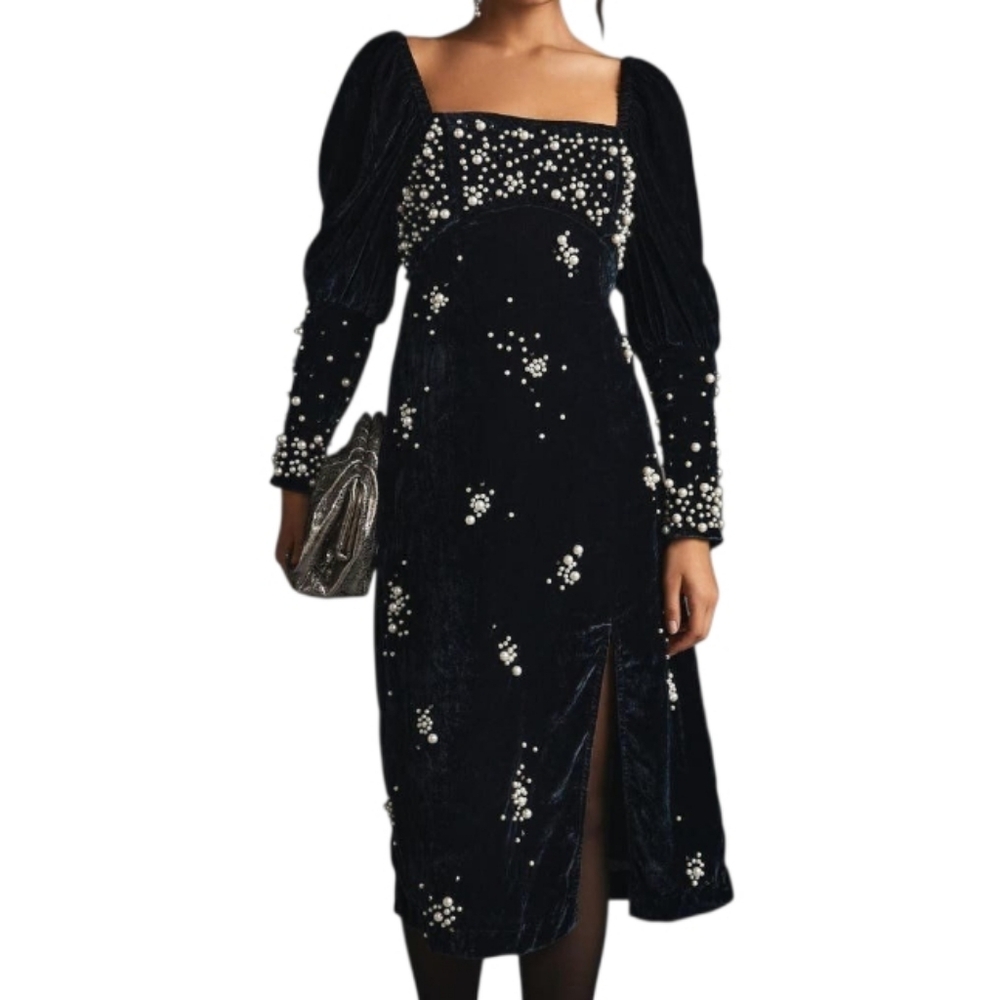 Maeve Black Velvet Long-Sleeve Pearl-Embellished Midi Dress